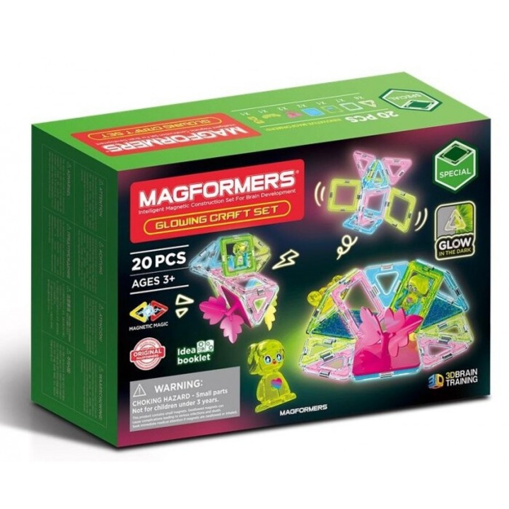 Set de constructie Magformers Glowing Craft 20 elemente, 6 triunghiuri si 6 patrate luminoase, 265x180mm