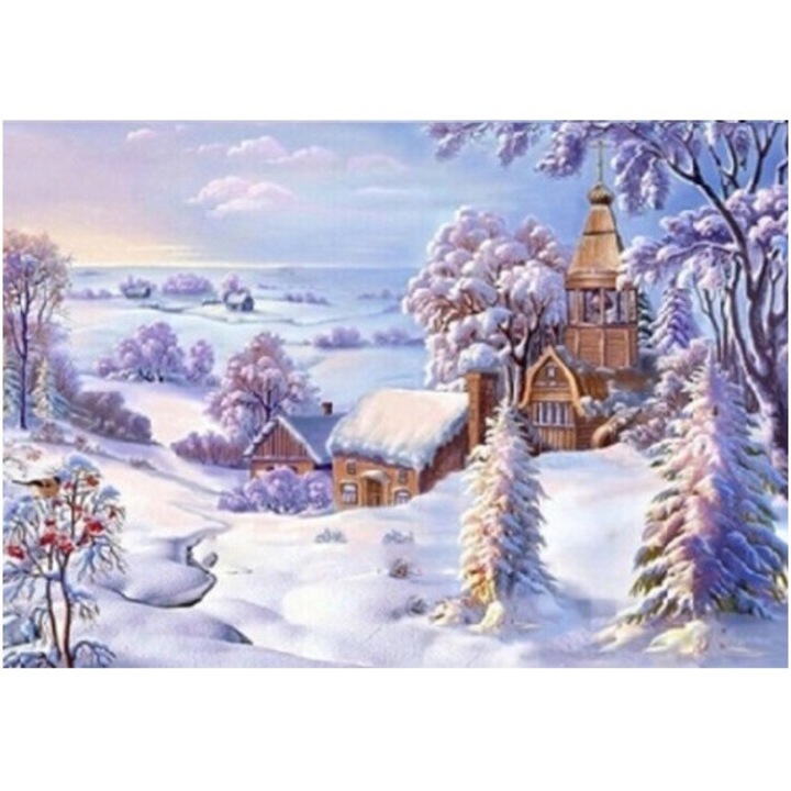 Kit pictura cu diamante, Norimpex, Biserica in zapada, 30 x 40 cm, Multicolor