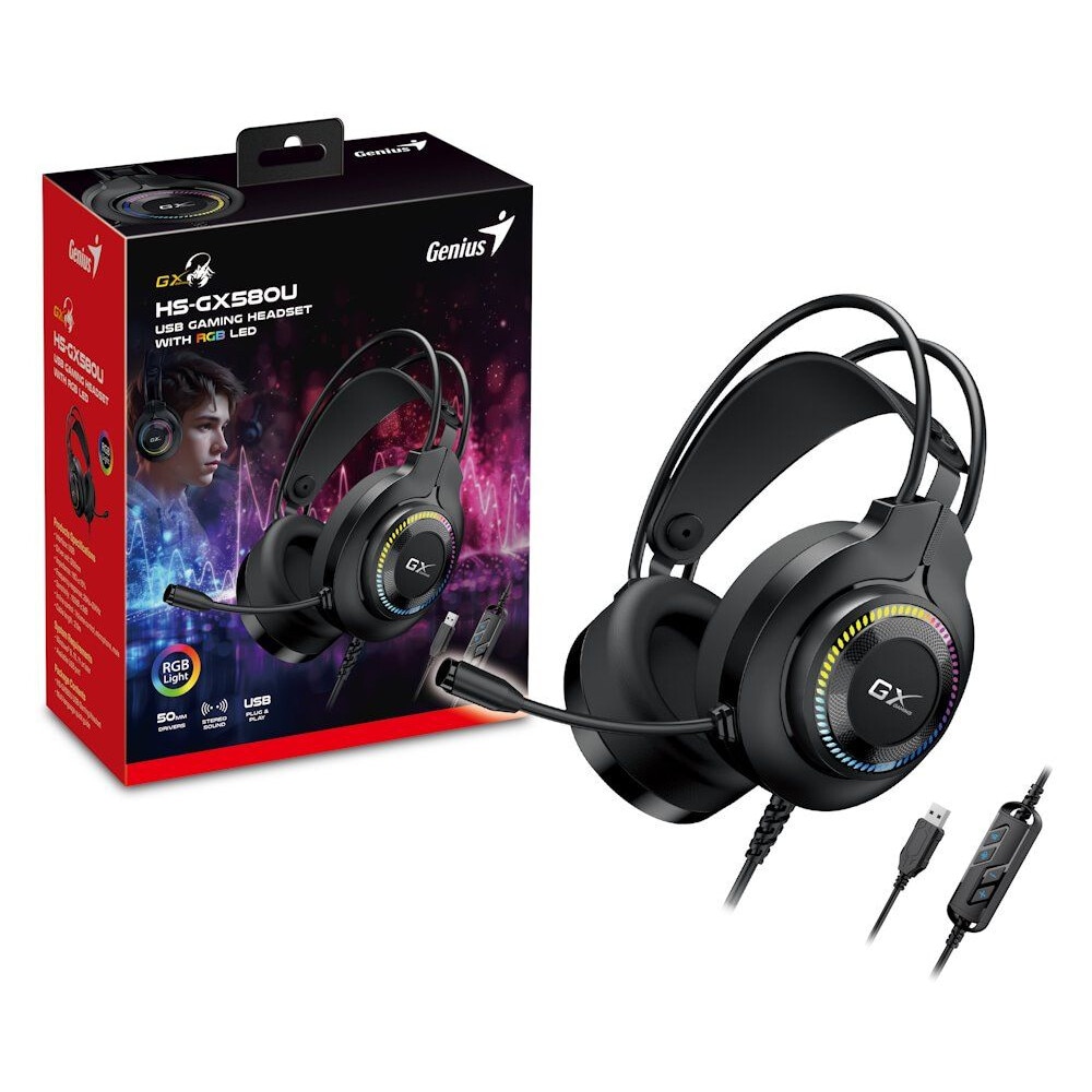 Casti cu fir Genius HS-GX580U, microfon, RGB, negru, 2m