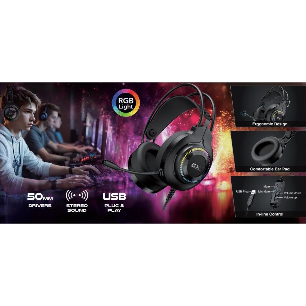 Casti cu fir Genius HS-GX580U, microfon, RGB, negru, 2m