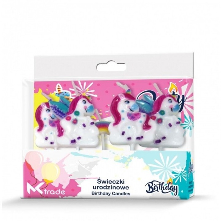 Set lumanari de aniversare 5cm, GoParty, unicorni cu curcubeu, 5 bucati