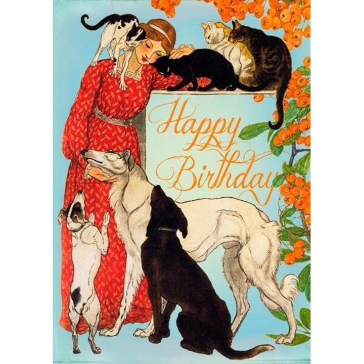 Felicitare B6 cu plic, Madame Treacle, Urodziny, pisici si caini, 175x130mm