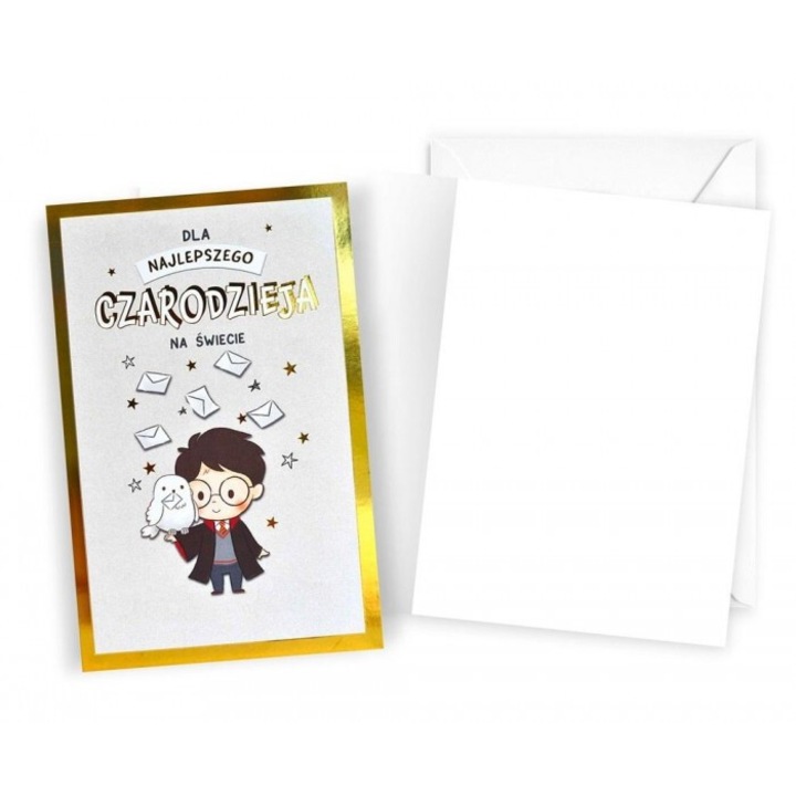 Felicitare Harry Potter, Kukartka, 11x17cm, cu folie metalizata, cu envelopa alba