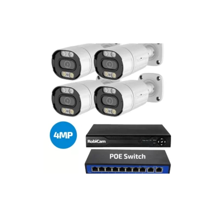 Kit camere supraveghere, POE, RobiCam, 4 camere, Recorder, Poe Switch