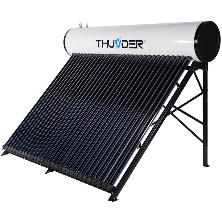 Panou solar presurizat Thunder pentru producere apa calda, rack pentru montare pe sol sau pe acoperis, cu rezervor inox 300 litri si 30 tuburi vidate Heat Pipe, Negru