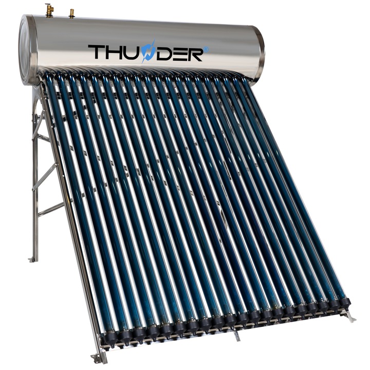 Panou solar presurizat Thunder pentru producere apa calda, rack pentru montare pe sol sau pe acoperis, cu rezervor inox 200 litri si 20 tuburi vidate Heat Pipe, incorporat Incalzitor electric 1500W