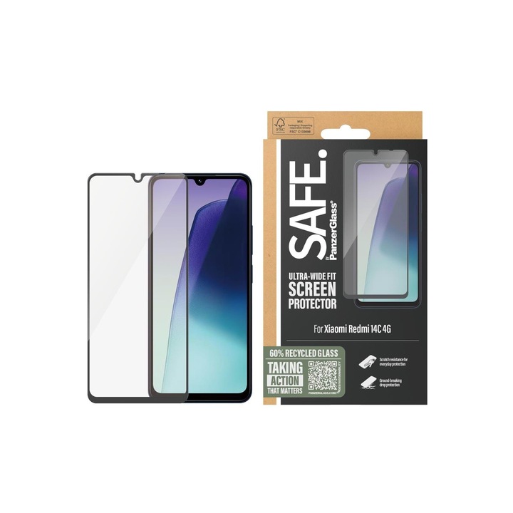 Стъклен протектор Safe за Xiaomi Redmi 14C 4G, UWF, Черен
