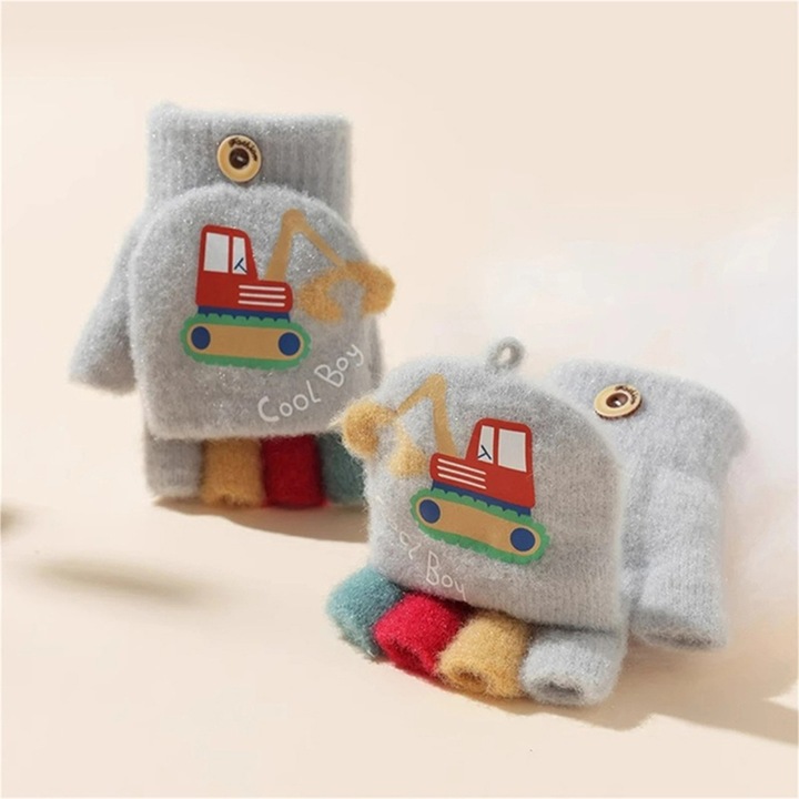 Manusi pentru copii, model cool boy cu capac, degete descoperite si colorate, tematica micul constructor, 3 - 9 ani, gri, EFAYN