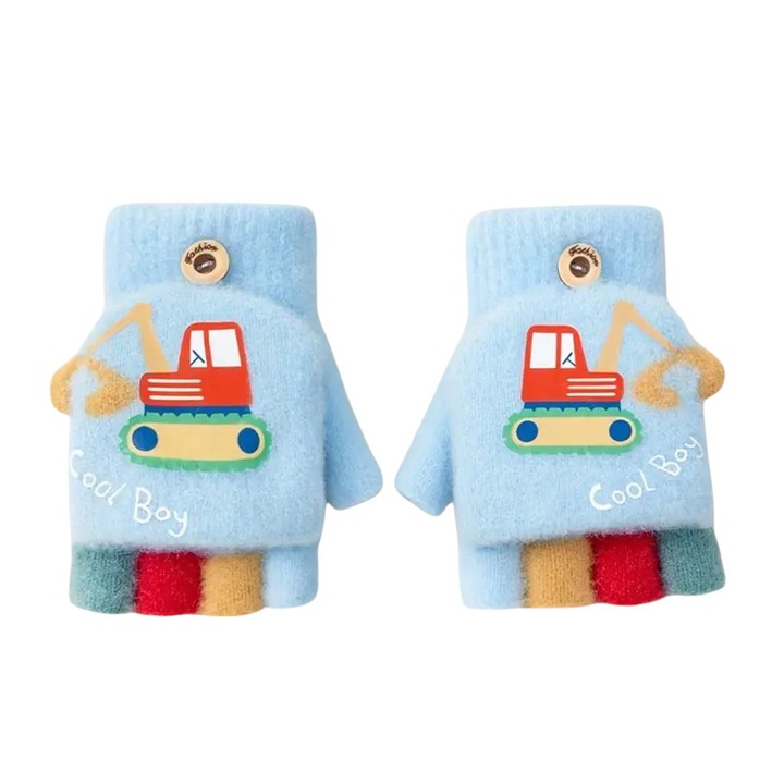 Manusi pentru copii, model cool boy cu capac, degete descoperite si colorate, tematica micul constructor, 3 - 9 ani, albastre deschis, EFAYN