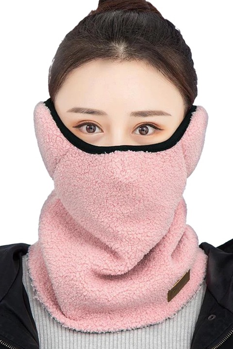 Fular dama, tip guler inalt cu masca si protectie pentru urechi, calduros si moale, tematica winter sport life, marime universala, roz, EFAYN