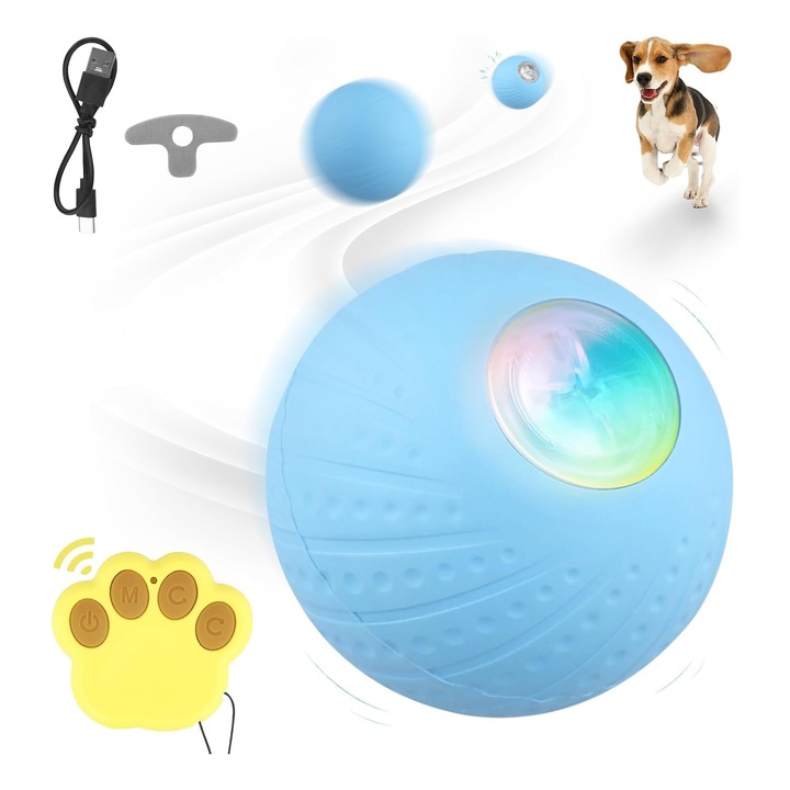 Interaktív labda macskáknak, intelligens kisállat játék, távirányítóval, 360 fokos elforgatás, LED világítás, IP54 vízálló, USB töltés, 6 cm, tartós és könnyen használható, kék