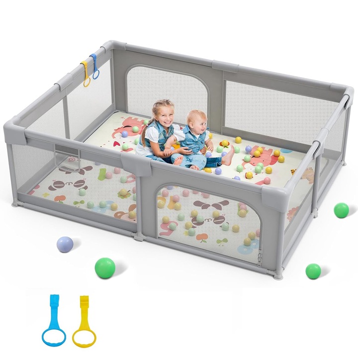 Tarc de joaca pentru bebelusi，Morovan, 130x130x65cm, design cu plasa completa, material textil, Spatiul Sigur de Joaca, Inele de Sustinere, Plasa de Protectie, Include Usa cu Fermoar, Usor de Asamblat, gri