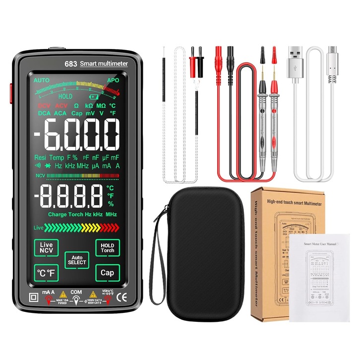 Дигитален измервателен уред, JFYU®, Дигитален мултиметър, Цифров мултицет, тестер за съпротивление и капацитет, голям дисплей, с фенерче, USB акумулатор, Черен