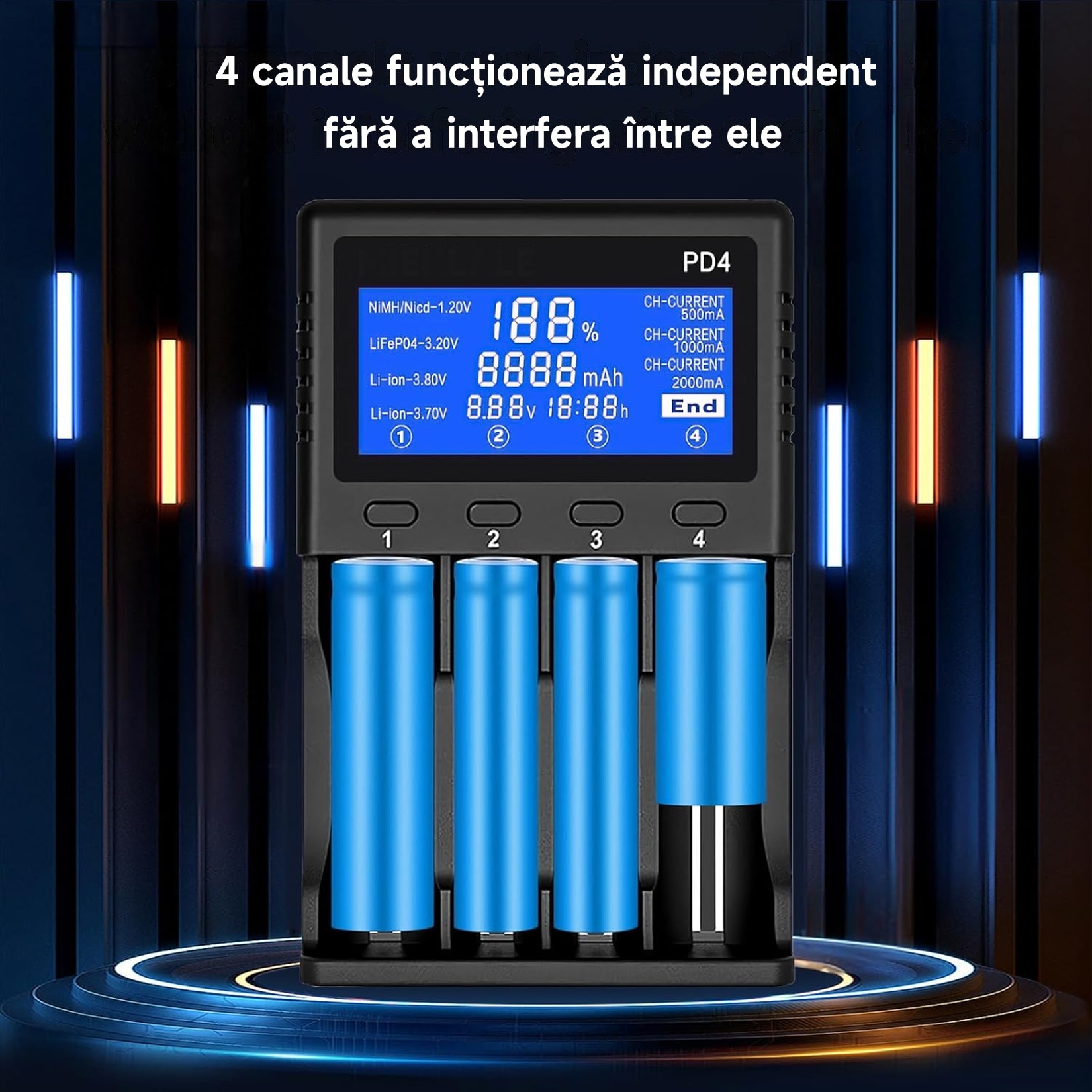 Incarcator inteligent 4 sloturi pentru baterii 18650, LCD