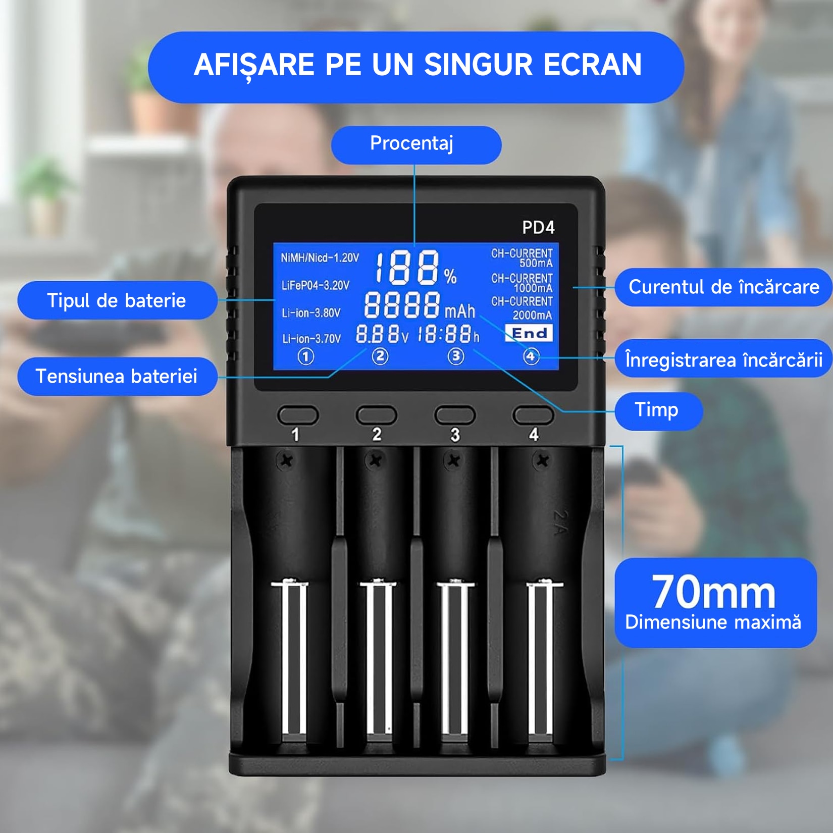 Incarcator inteligent 4 sloturi pentru baterii 18650, LCD