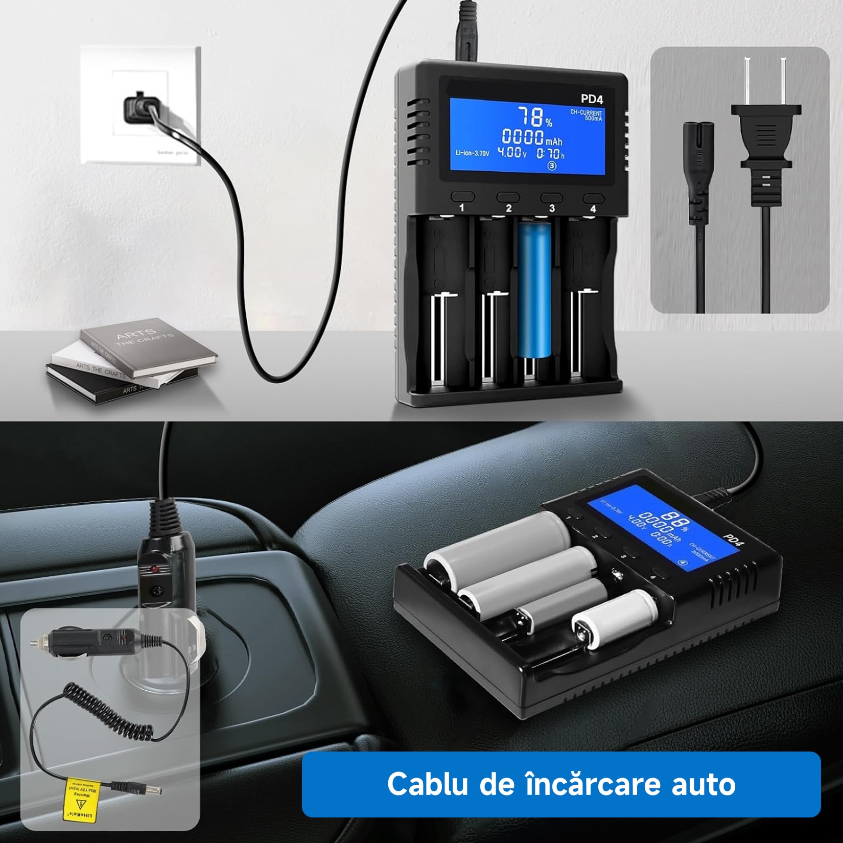 Incarcator inteligent 4 sloturi pentru baterii 18650, LCD