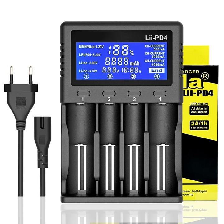 Incarcator inteligent 4 sloturi pentru baterii 18650, LCD, protectie multi-siguritate, 110-240V, pentru baterii Li-ion si NiMH
