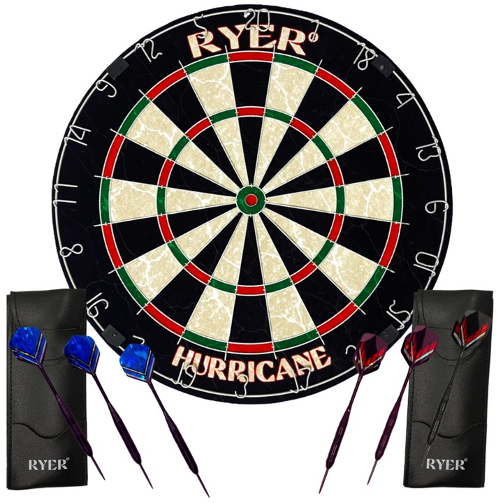 Placa Darts RYER Hurricane din fibra Sisal cu auto-refacere, 6 sageti profesionale din otel, 2 genti de piele, dimensiunea turneului oficial, set complet Darts, sistem montare inclus, pentru interior si exterior
