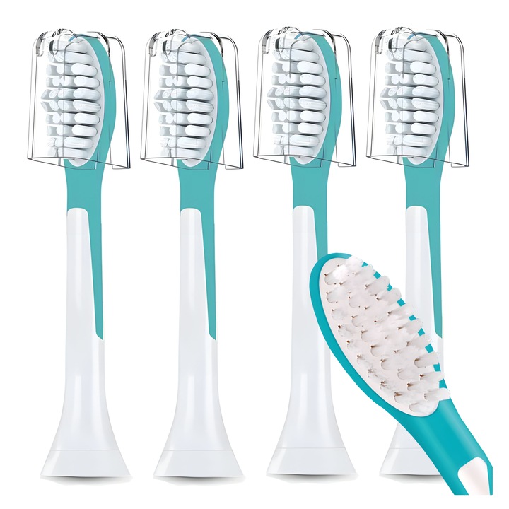 Set 4 Rezerve periuta de dinti electrica compatibile cu Philips Sonicare HX6044, perii moi, schimb de inalta calitate, 7-12 ani, alb/turcoaz