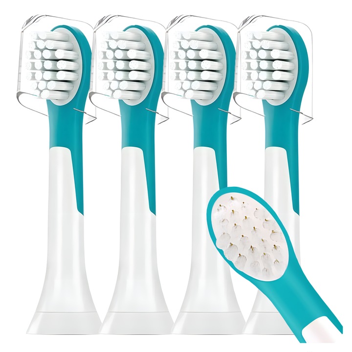 Set 4 Rezerve periuta de dinti electrica compatibile cu Philips Sonicare HX6034, cap mic, perii moi, schimb de inalta calitate, 3-7 ani, alb/turcoaz