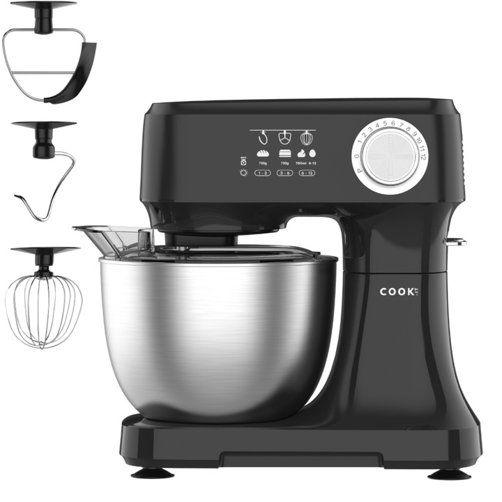 Кухненски робот COOK-IT, 600 W, купа от неръждаема стомана 3,5 л, 12 скорости + импулс, 3 аксесоара, зъбни колела от неръждаема стомана, черен, месач, миксер
