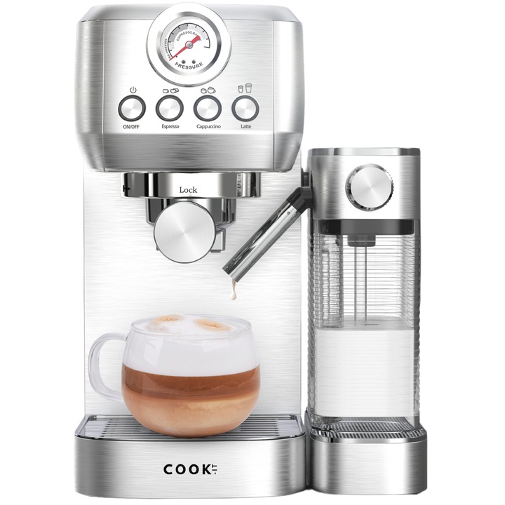 Иноксова еспресо машина COOK-IT, 20 бара, 1350 W, 1, 3 л, италианска помпа, автоматична система за разпенване на мляко, топли чаши, 3 вида напитки, еспресо, капучино и лате макиато, филтър за единична и двойна доза, бариста