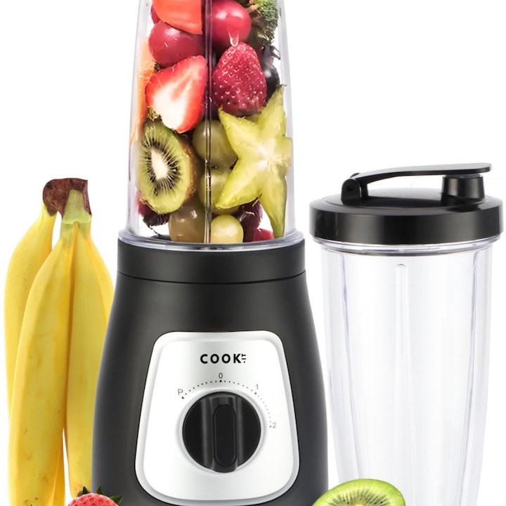 Блендер COOK-IT Smoothie Maker Pro, 300 W, 2 купи x 0,75 L, 2 скорости+импулсна функция, Остриета от неръждаема стомана, Функция за раздробяване на лед, Противоплъзгаща се основа, Самопочистващ се, Електрически, Преносим, Черен