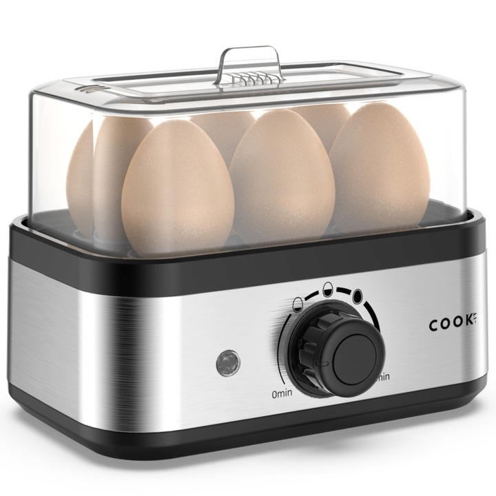 Fierbator de oua COOK-IT, Inox, Capacitate 6 oua, 3 programe de gatire, 400W, Indicator luminos, Timer, Semnal acustic de final, Fara BPA, Usor de curatat si de folosit