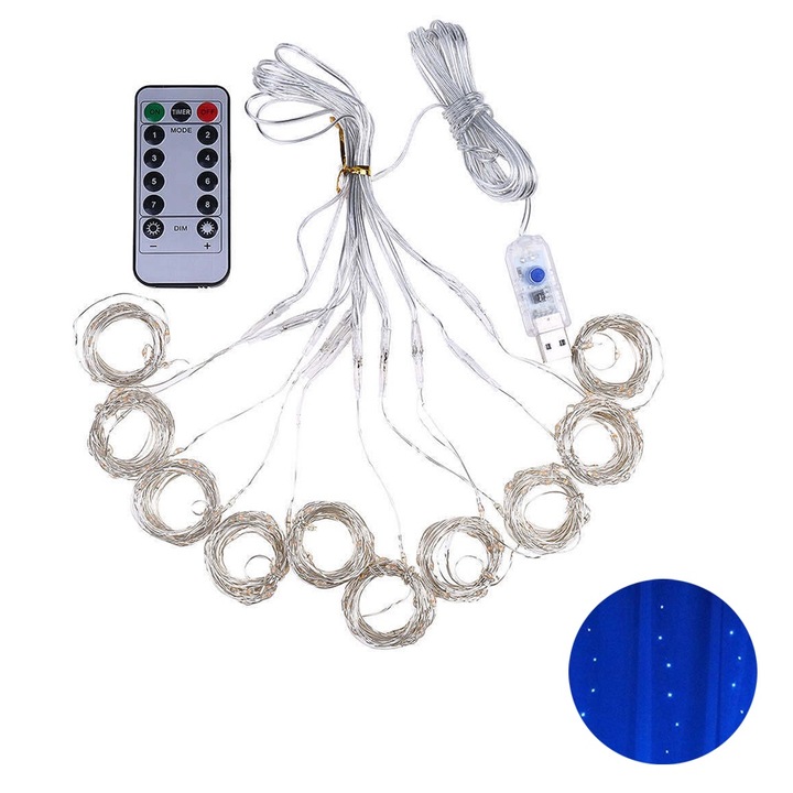 Монтажна LED завеса, 200LED, 8 режима, водоустойчива, 3х2м, синя