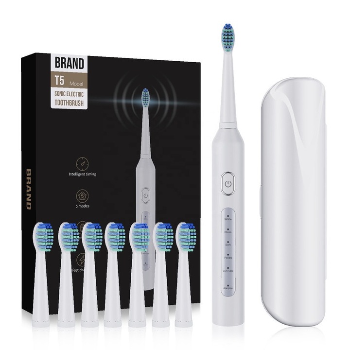 Periuta de dinti electrica, 8 capete Dupont Soft Nylon, 40.000 pulsatii/minut, 5 moduri, alb