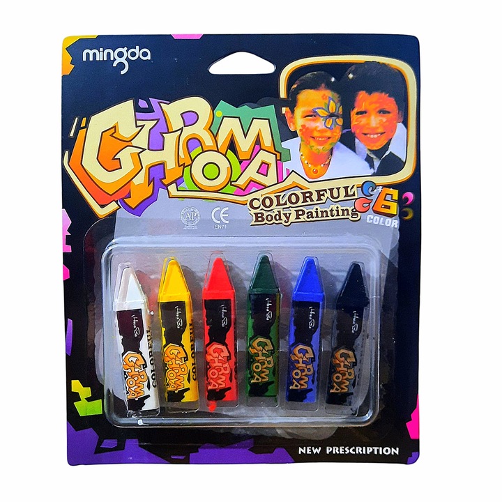 Set 6 creioane colorate cerate pentru pictura pe fata/corp, non alergice