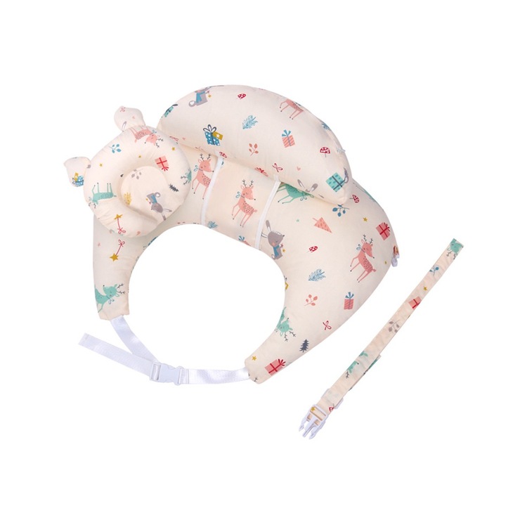 Perna de alaptare multifunctionala, JESWO®, cu suport pentru capul nou-nascutului, husa din bumbac detasabila, set 2 bucati, 60 x 65 cm, Multicolor