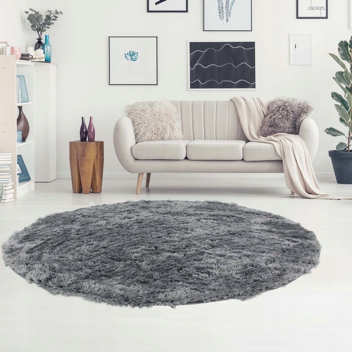Covor, elSimone, 100 cm, Gri, Rotund, Softi, Plusat, Moale, Pufos, Antiderapant, Lavabil, Spuma Groasa, Izolare Termica, Ideal Pentru Living, Dormitor, Confort Picioare, Modern