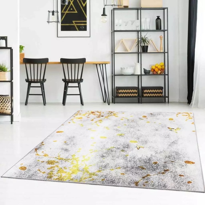 Covor, Simone, Elsimone Carpet, 120x170 cm, FloorArt, 100% Textil, Bumbac, Design Modern 3D Pictat, Usor de Curatat, Izolant Fonic, Protejeaza Podeaua, Grosime 6mm, Bej, Gri