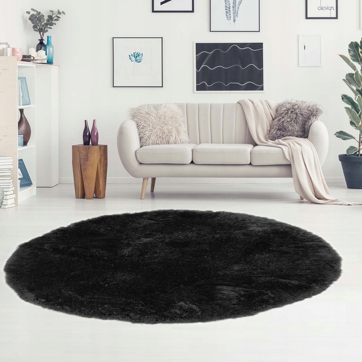 Covor, elSimone, 160 cm, Negru, Rotund, Plusat, Moale, Pufos, Antiderapant, Lavabil, Adauga Confort, Siguranta, Ideal Pentru Living, Dormitor, Design Modern, Relaxare