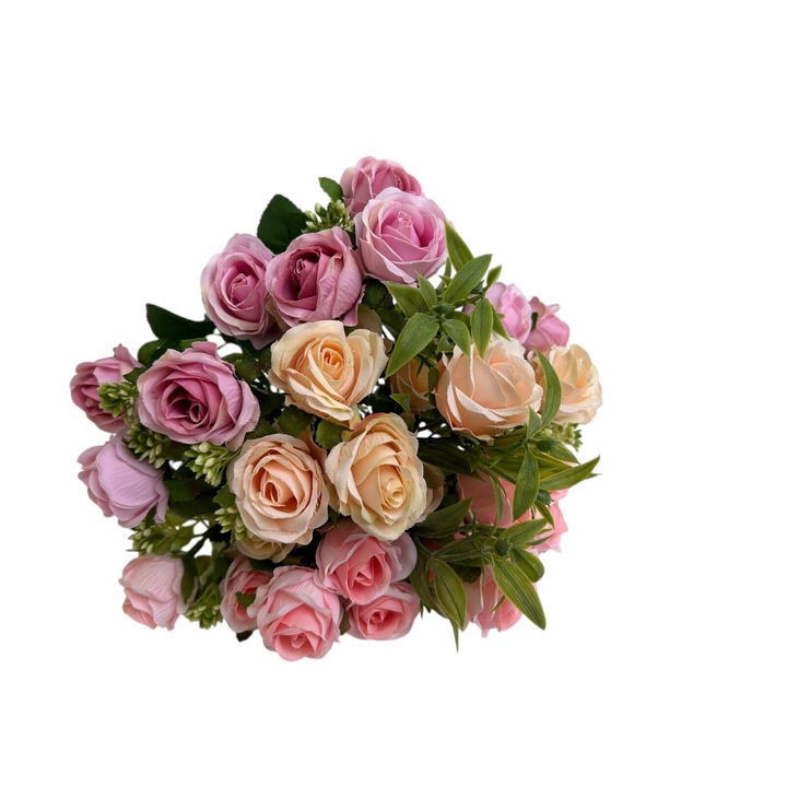 Buchet mixt din flori artificiale, Dady, 30 cm inaltime, format din 3 buchete de trandafiri, 1 roz deschis, 1 roz inchis si 1 somon