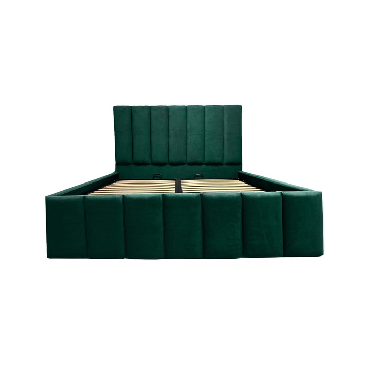 Pat Apolo tapitat 160 x 200 cu somiera rabatabila si spatiu de depozitare verde smarald