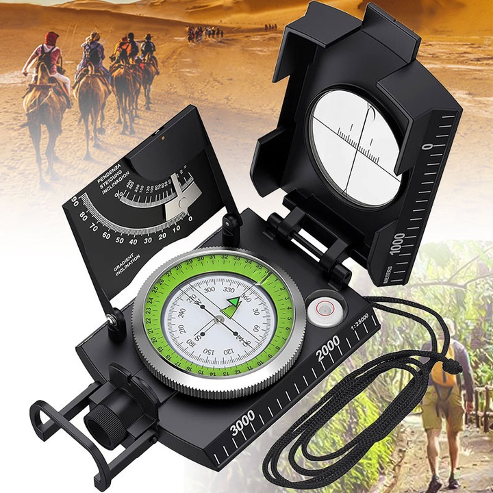 Военен метален компас, EXCITAT ®, с визьор, клинометър и преносим калъф, многофункционален, водоустойчив, високопрецизен, флуоресцентен, преносим, подходящ за къмпинг, лов, туризъм и геоложки дейности, черен