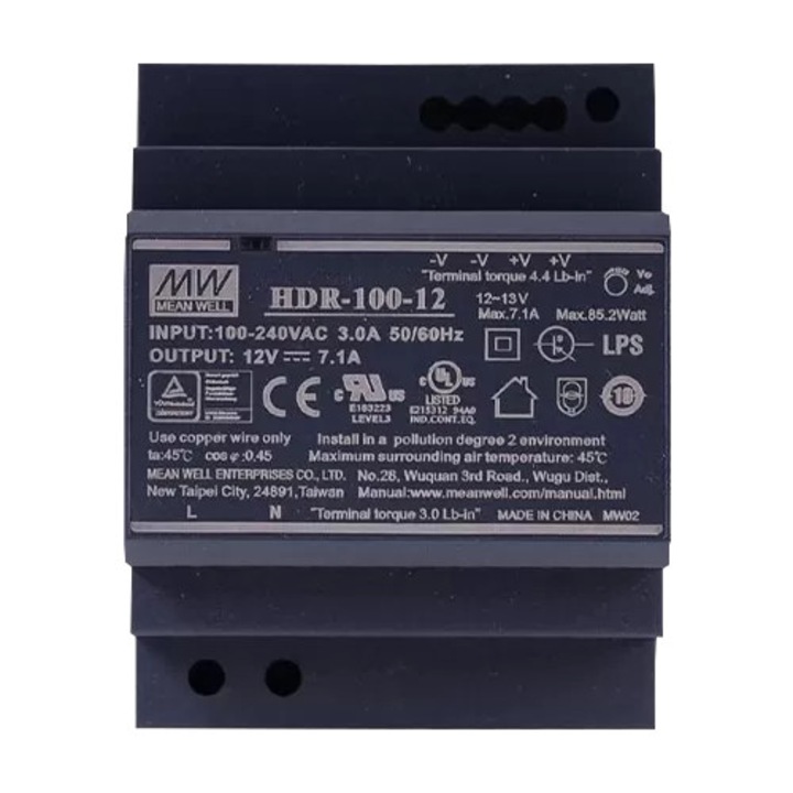 Sursa de alimentare in comutatie, 12V / 7.1A, sina DIN - MEAN WELL HDR-100-12