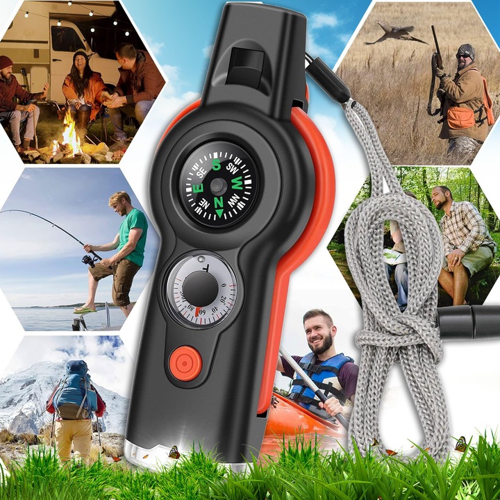 7-в-1 свирка за оцеляване с функции за спешни случаи, EXCITAT ®, с включен компас, с включена връзка за носене, идеална за каяк, кану, туризъм, къмпинг, алпинизъм, лов, риболов и сигнализация за спасяване, черна