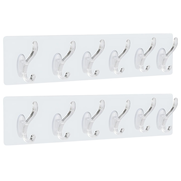Set 2 cuiere autoadezive de perete SDEPOT®, decor pentru casa, baie, hol sau bucatarie, cu 6 pozitii, impermeabil, transparent