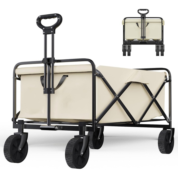 Carucior Transport Pliabil Demine, Extensibil pana la 87.5 cm, Roti Cauciuc, Cadru Rezistent, pentru Cumparaturi, Camping si Gradina, Caramel, 77.8x64x47 cm