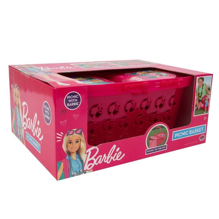 Кошница за пикник или пазаруване Barbie, розова, 37 см x 26 см x 16 см, пластмаса, атрактивна, за момичета над 3 години, идеална за игра сред природата или у дома