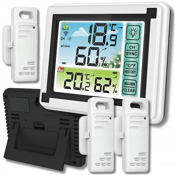 Statie Meteo, Weatherman, Masurarea Temperaturii Si Umiditatii, Functionare Fara Fir, Design Modern, Alb Lucios