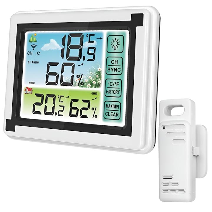 Statie Meteo, Barometru, Afisaj Lcd Clar, Senzor Exterior, Alb Lucios