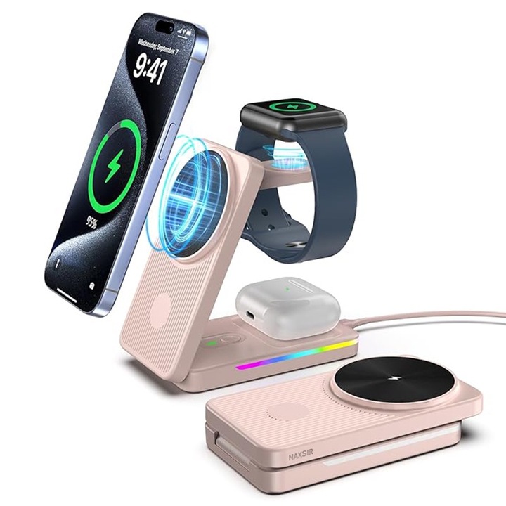 Vezeték nélküli töltő 3 az 1-ben gyorstöltés, NAXSIR, összecsukható, LED lámpával, 15 W, Magsafe QI töltőállomás, kompatibilis iPhone-nal, óra, AirPods, rózsaszín