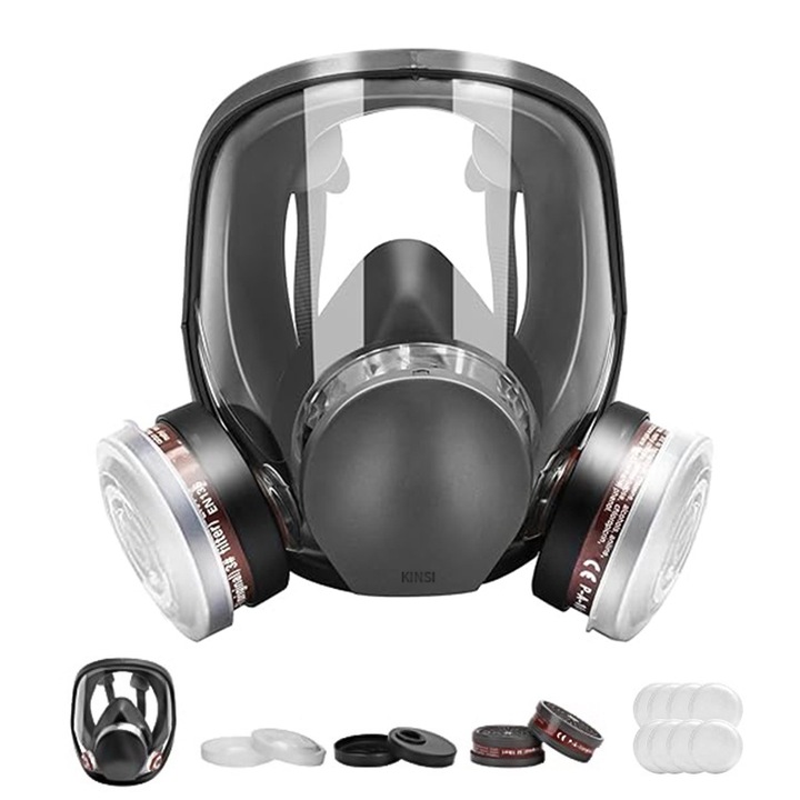 Комплект защитна маска за многократна употреба, KINSI, 2 филтърни кутии, 8 памучни филтъра, Подходящ за нефт, минно дело, пестициди, експериментална химическа пара