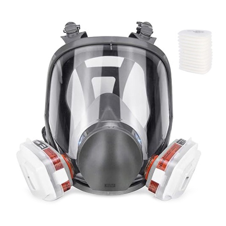 Set Masca de protectie reutilizabila, KINSI, Include 2 filtre cu particule anti-gaz, vapori de vopsea si noxe, 10 filtre din bumbac, reglabil, pentru protectie respiratorie