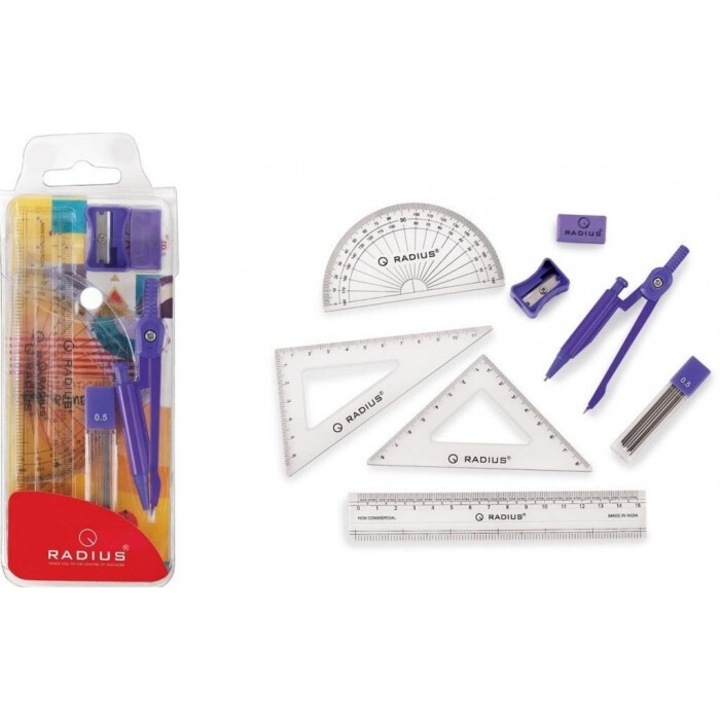 Set geometric I-pack 8 elemente, Radius, 2 rigle, compas, Multicolor