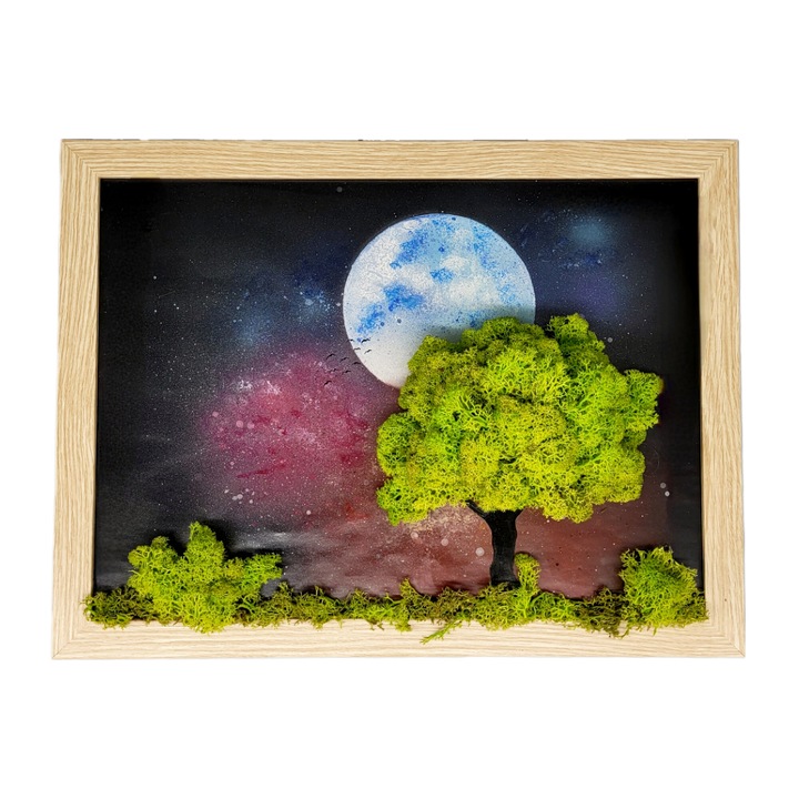 Tablou decorativ 3D, arbore din licheni verzi, rama lemn natur, 43x33 cm